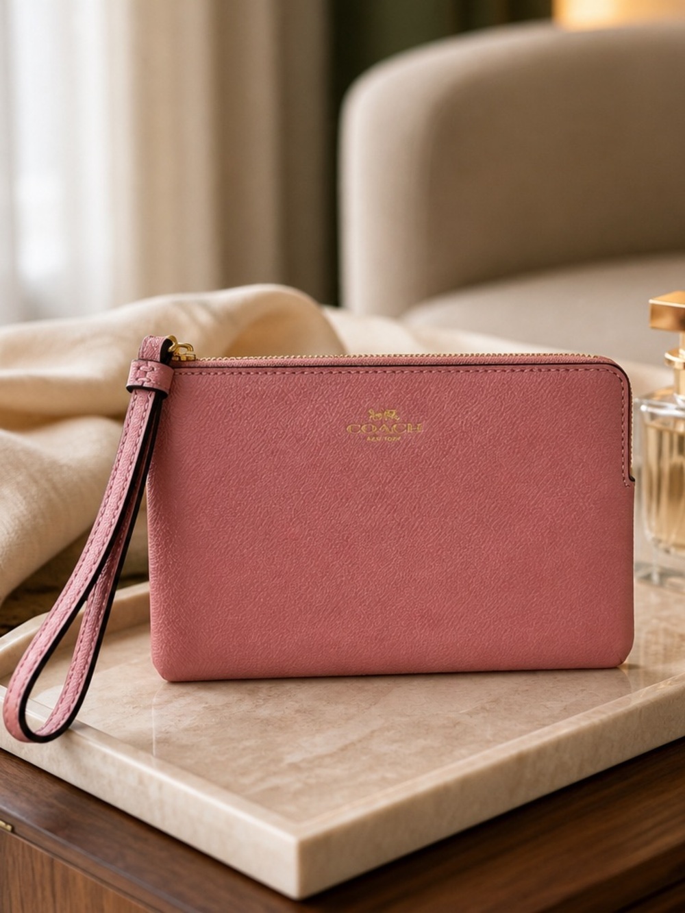 Coach Rose Pink Leather Wristlet Clutch with Gold Accent